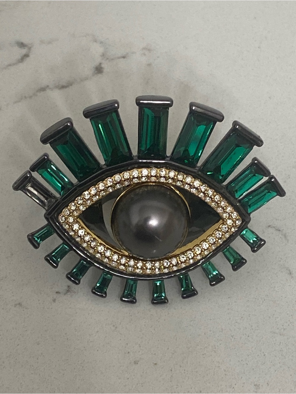 Kurt Geiger Crystal Evil Eye Cocktail Rink Black Faux Pearl Green Stones Size 8